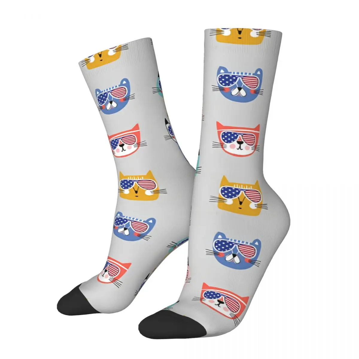 USA American Flag Sunglasses Suspicious Cats Socks Male Mens Women Winter Stockings Printed