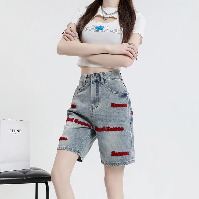 Retro Letter Embroidered Denim Shorts Women's Summer High Waist Loose Straight Half Pants Jeans Fashion Streetwear Female