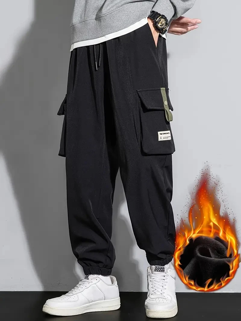 

Брюки-карго 2025, мужские прямые брюки с широкой штаниной на флисовой подкладке, мужские зимние модные свободные мешковатые брюки большого размера, теплая уличная одежда