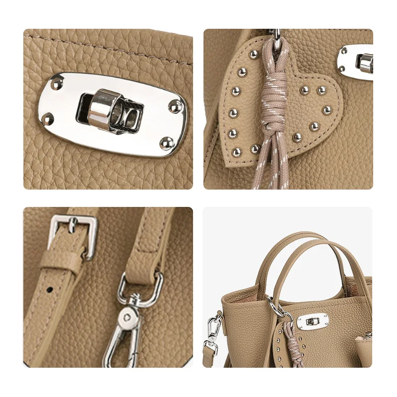Aidrani Premium Pebbled Cowhide Small Tote Handbag, Rivet Heart Ornament Removable Strap Versatile Women Cross Shoulder Bag