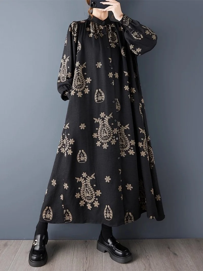 2025 Spring And Autumn Women Loose Large Size Stand Up Collar Fashionable Printed Dress Mid Length Temperament Shirt Dress w1323