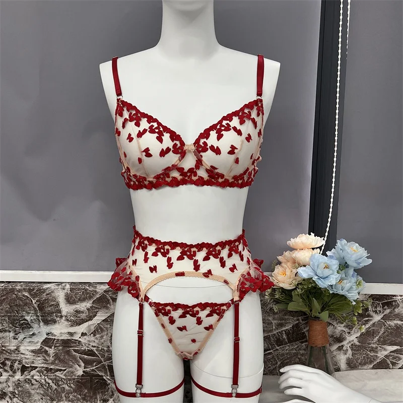 Aduloty Women Sexy Underwear Heart-shaped Embroidery Splicing Strap Erotic Lingerie Summer Thin Mesh Perspective Bra Set