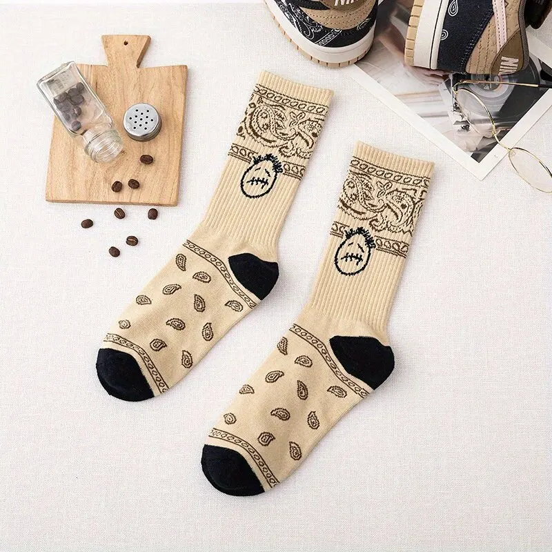 4pairs Men\'s Cashew Flower Pattern Cotton Crew Socks For Casual