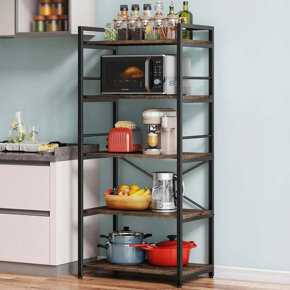 

5-Tier Bakers Rack for Kitchen with Storage, Industrial Microwave Stand Oven Shelf, Free Standing Kitchen Storage Shelf Rack