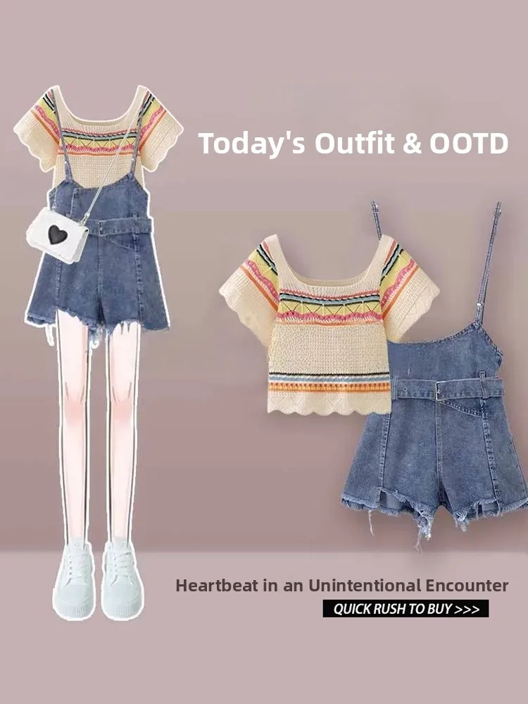 

Dopne Girl Petite Faionable ort Sve Топ и джинсовый комбинезон Комплект из двух предметов с эффектом похудения Летняя коллекция