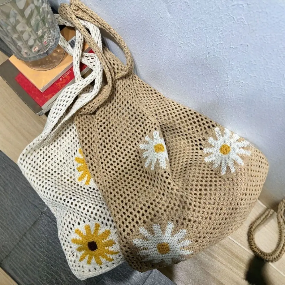 

Shopping Bag Hollow Design Women Shoulder Bag Large Capacity Cute Knitting Bag Sweet Flower Portable Mesh Beach Bags Travel