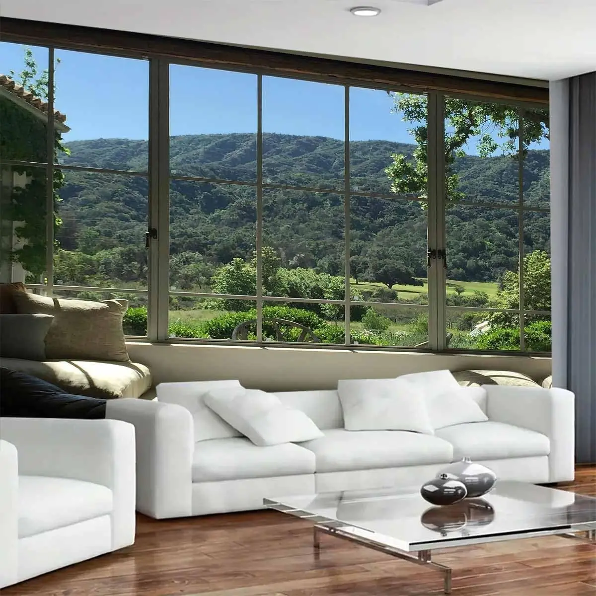 Green Forest Natural Tapestry Landscape Window Scenery Wall Aesthetic Tapestry for Bedroom Flannel Beach Blanket Living Dinning