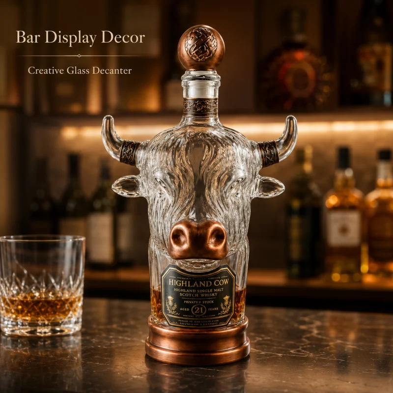 Luxury Highland Cow Head Crystal Whiskey Decanter Bronze Metal Trim Airtight Sealed Spirits Bottle Vintage Home Bar Decor