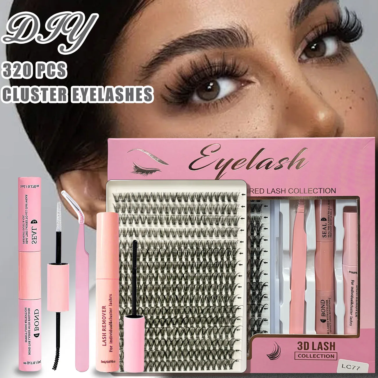 DIY Lash Extension Kit Bond And Seal Makeup Tools With Tweezers Clusters Waterproof Strong Hold Lash 320 PCS Mix Fake Eyelashes