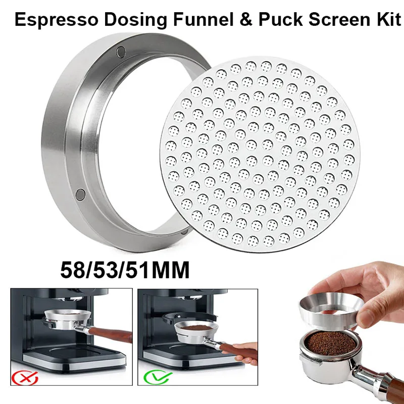 58/53/51 mm 2 Stück Espresso-Dosiertrichter und Puck-Bildschirm-Set, magnetischer Espresso-Kaffee-Dosierring, wiederverwendbarer Espresso-Puck-Bildschirm