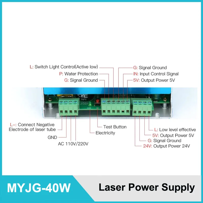 MYJG-40 alimentazione elettrica 40W 110V/220V del Laser di CO2 per la tagliatrice ad alta tensione dell'incisione della metropolitana del Laser di CO2