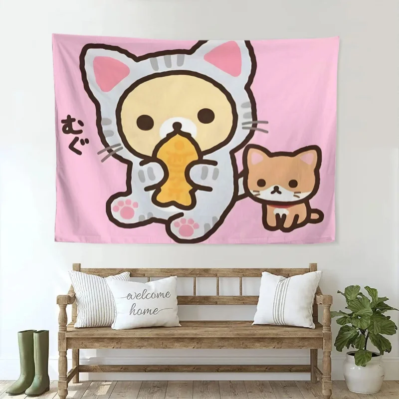 VIKAMA Rilakkuma Katzen-Kostüm-Wandteppich, rosa Cartoon-Hintergrund, geeignet für Mädchenzimmer, Kinderzimmer, Kindergarten-Dekoration