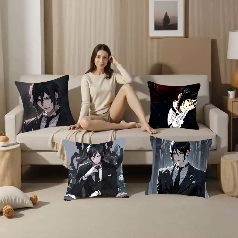 Manga B-Black B-Butler Pillow Case  Anti-dustmite Pillowcase Invisible Zipper Silky Short Plush Sofa Cushion Cover