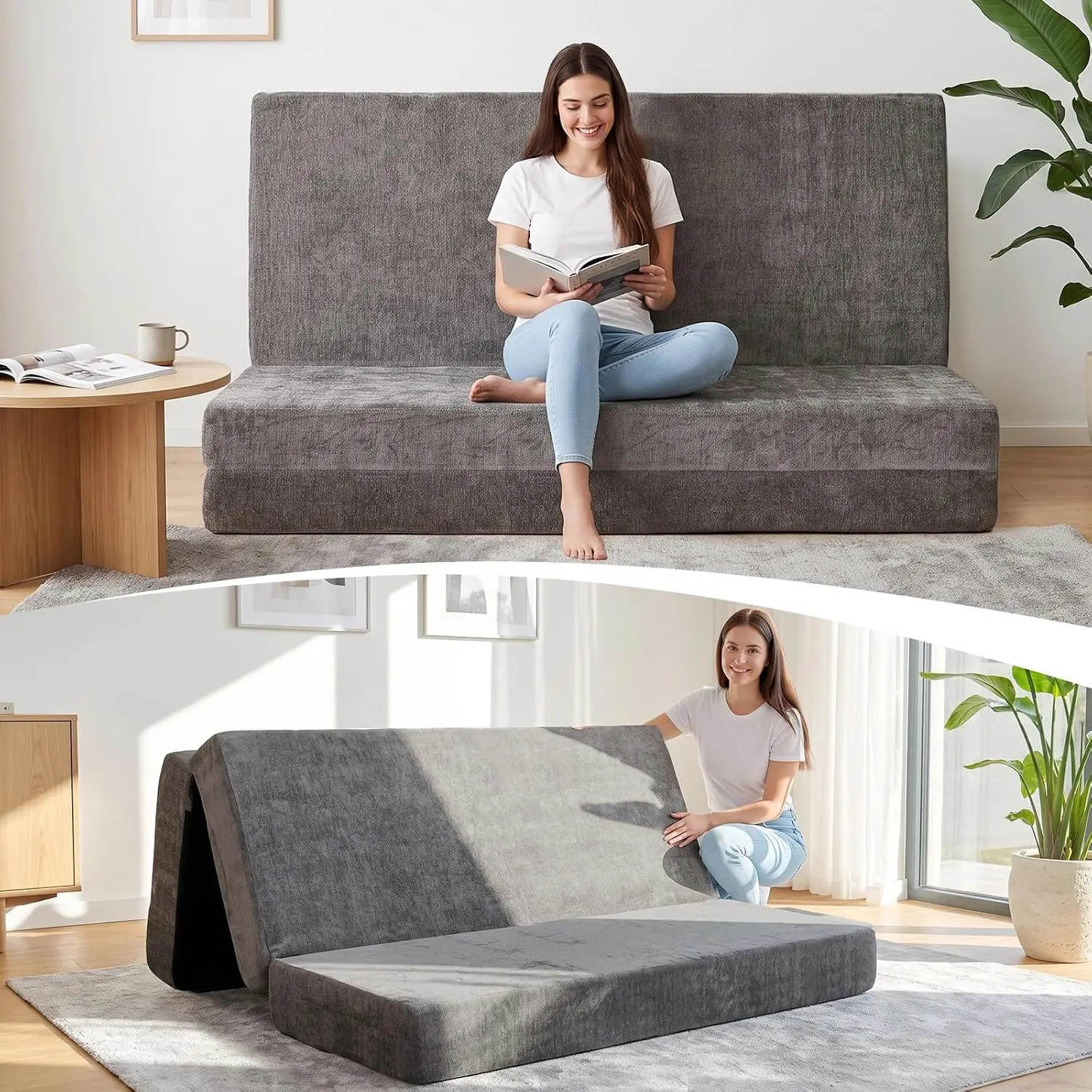 6 Inch Memory Foam Futon Sofa Bed, Breathable Cool Chenille Foldable Convertible Sleeper with Handles and Non-Slip Bottom, Portable Guest Bed for Camping, Dorm