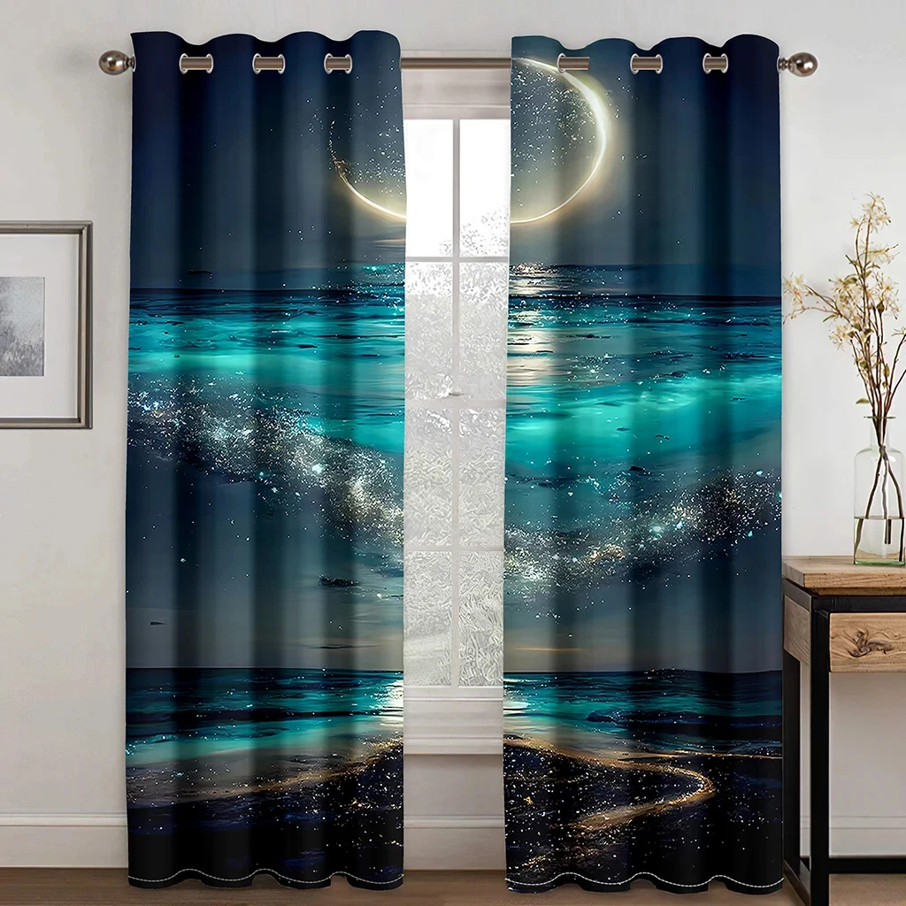 

New Modern Style Starry Sea Moon Printed Curtain for Bedroom Living Room Kitchen Shutters Window cortinas Grommet Top 2Pcs