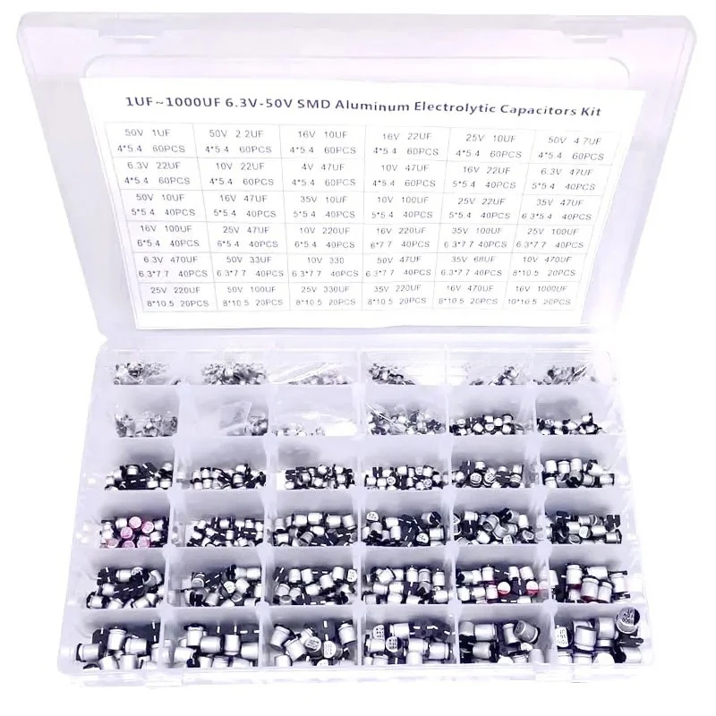For 1500PCS 1UF~1000UF 6.3V-50V 36 kinds of SMD Aluminium Electrolytic Capacitors Combination Kit