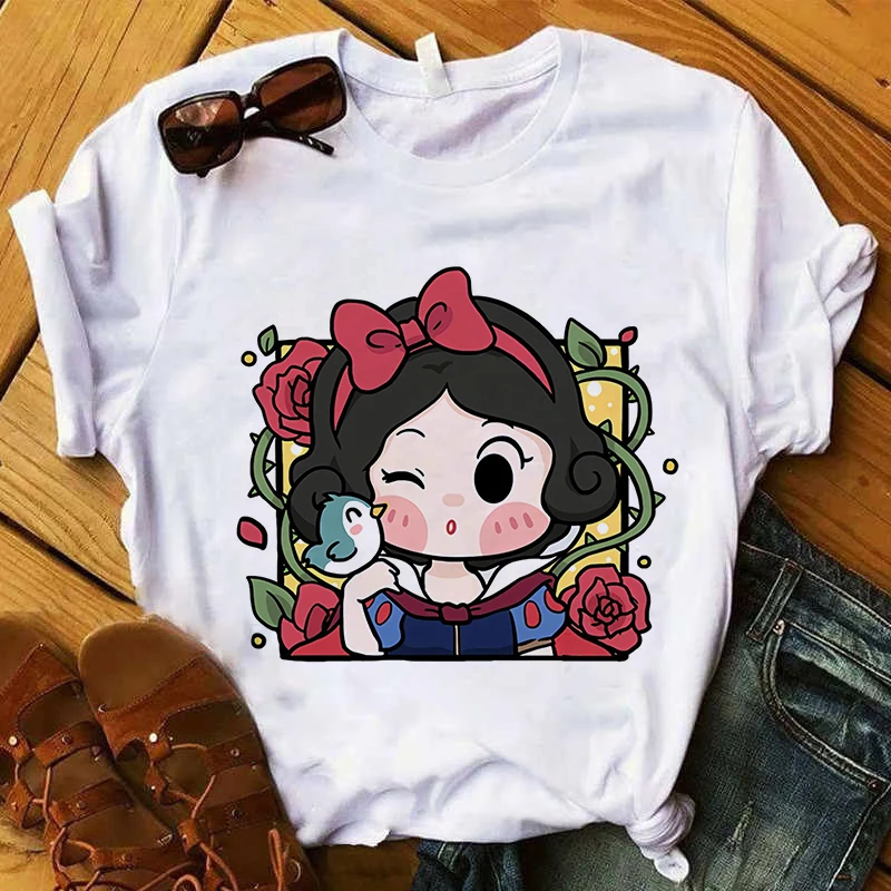 Camiseta de algodón con estampado divertido de princesa de Disney para mujer, Camiseta de algodón con estampado de Blancanieves de dibujos animados de Anime, moda Kawaii, Top de pareja Y2K de verano