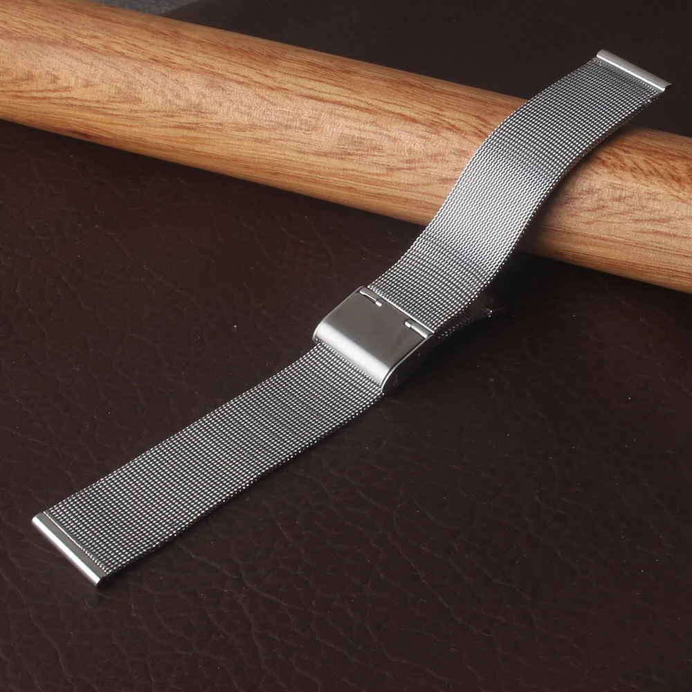 Pulseiras de relógio prateadas 10mm-24mm, ultrafinas, malha de aço inoxidável completa, pulseira de relógio de pulso para homens e mulheres, fecho de segurança, acessórios de relógio