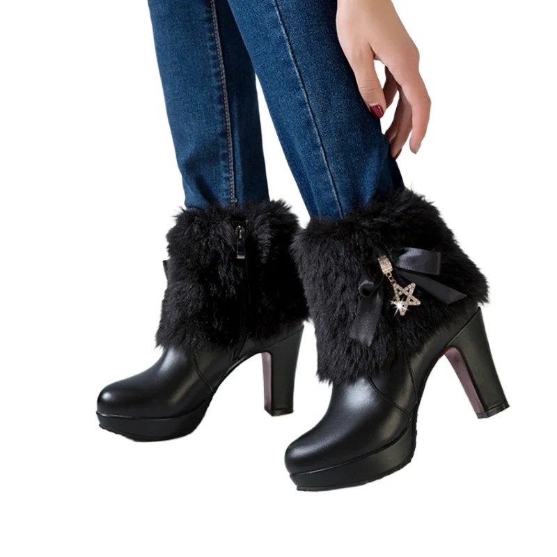 Snow Boots Womens Winter Warm Plush Fashion High Heels Pink White Black Fur Bowt Dress Party Wedding Platform Boots 526-1 view 6