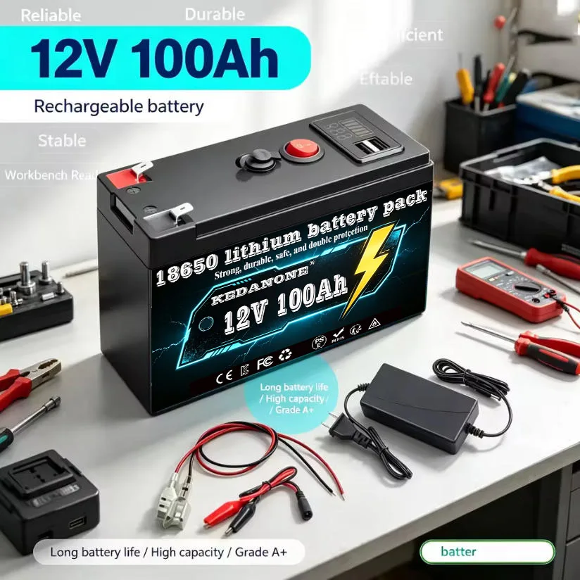 2027 12V Battery 100Ah 18650 Rechargeable 18650 Lithium Battery Built-in 5V 2.1A Usb Power Display Port Charger
