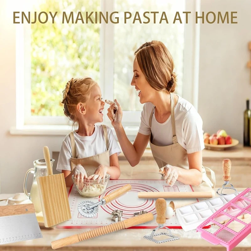 

Pasta Making Tools Kit, Ravioli Maker Set with Rolling Pins, Gnocchi Board, Stamps, Cutter & Baking Mat Retail