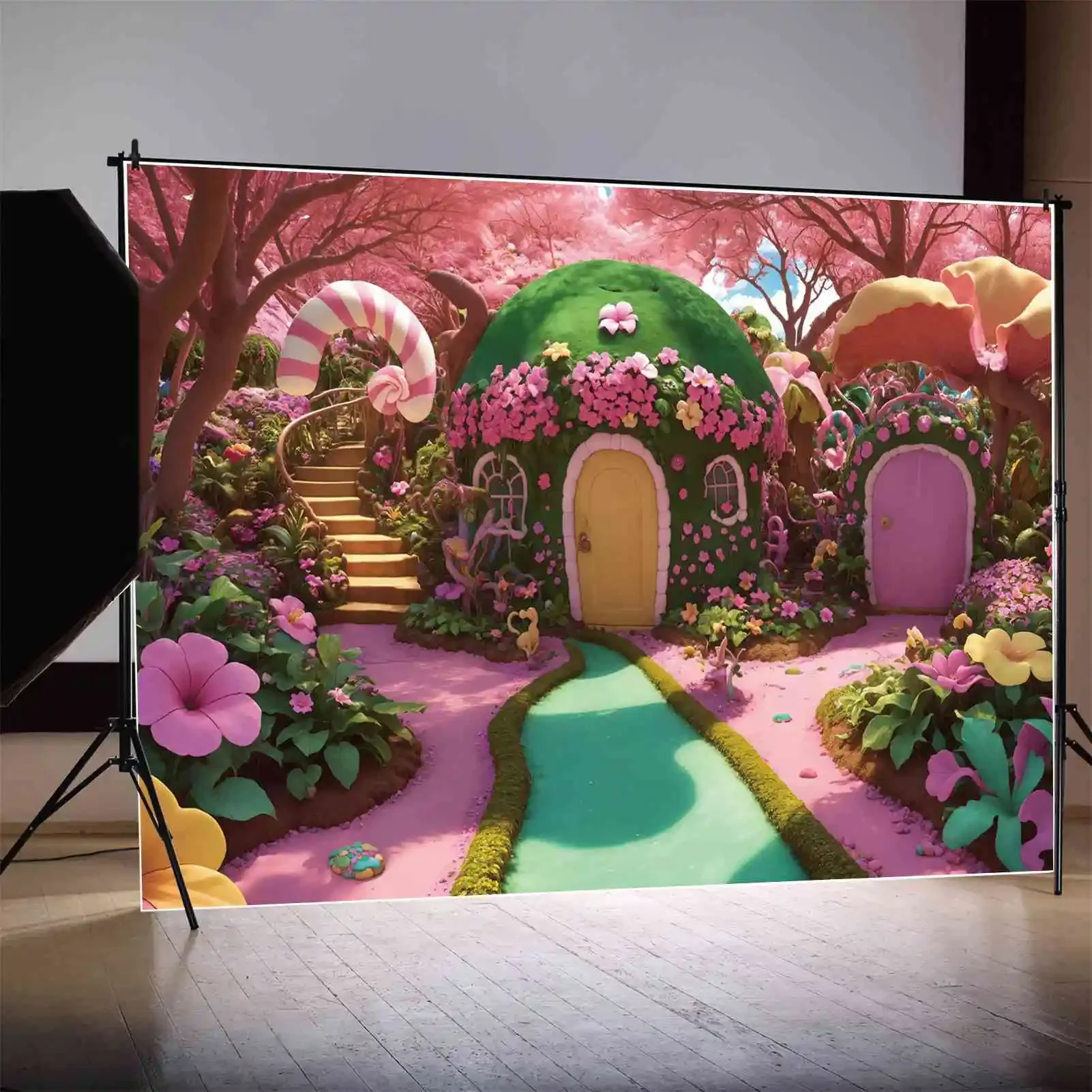 Mon.qg ฉากหลังถ่ายภาพในสวนดอกไม้ candyland สำหรับงานวันเกิดของเด็กทารกแคนดี้บาร์อุปกรณ์ประกอบฉากสำหรับถ่ายภาพ