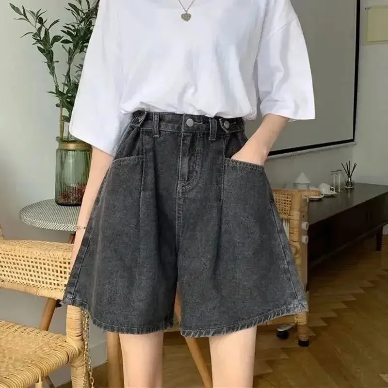 Fashion Denim Shorts Women's Summer Korean Version High Waist Straight Tube Loose Casual Versatile Daily