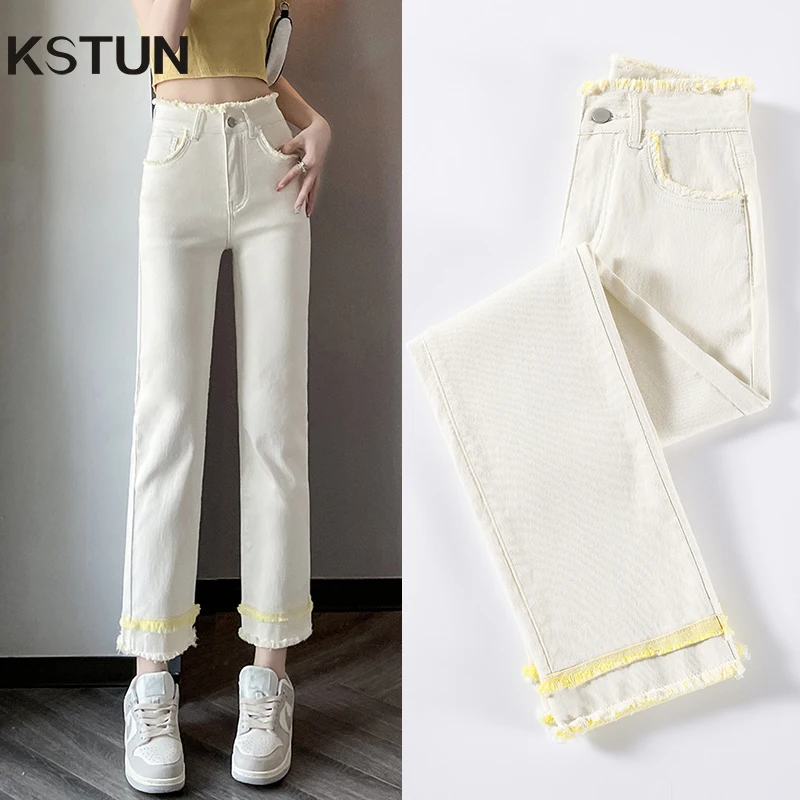 

KSTUN 2025 Summer High Waist Women's Jeans Patchwork Stretch Slim Straight Ankle Length Cropped Pants Fringed Jeans For Girls