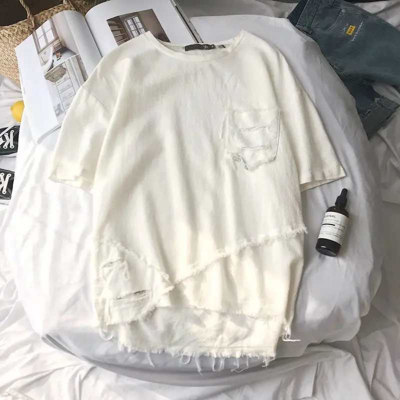 Personalized Ripped 55-point Short-sleeved T-shirt for Men's Trendy Mid-sleeved Loose Harajuku Top