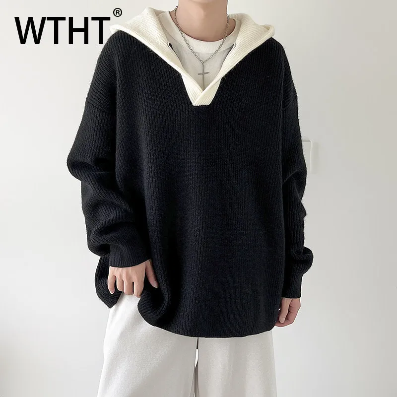 

WTHT Fashion Men's Spliced Contrast Color Texture Sweatshirts Trendy Hooded Long Sleeves Loose Pullover Male 2026 Spring 2A2817