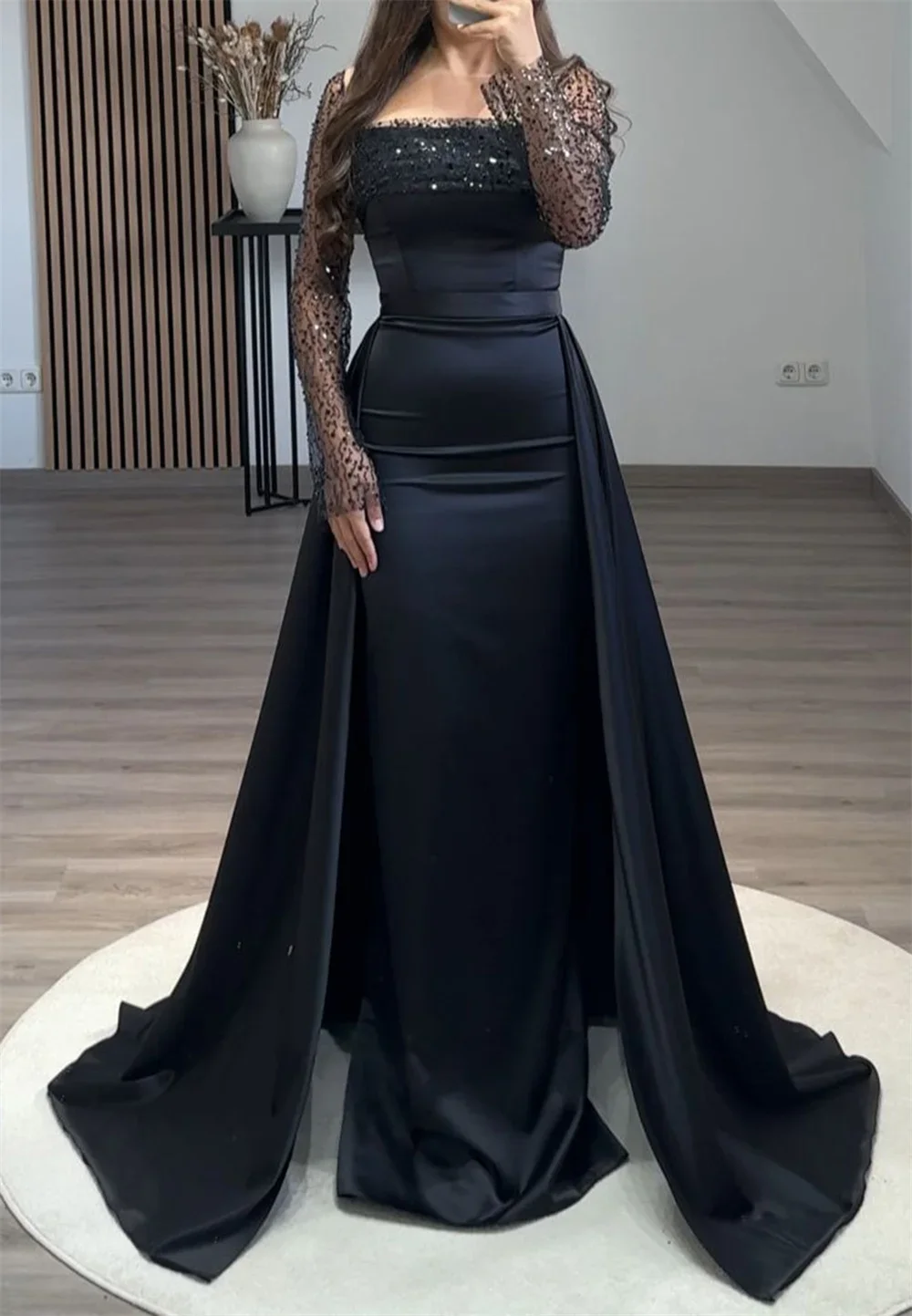 ที่กําหนดเอง Mermaid สแควร์ลูกปัดชุดราตรีอย่างเป็นทางการซาตินแขนยาว vestidos de noiva ที่ถอดออกได้รถไฟพรหม Gowns