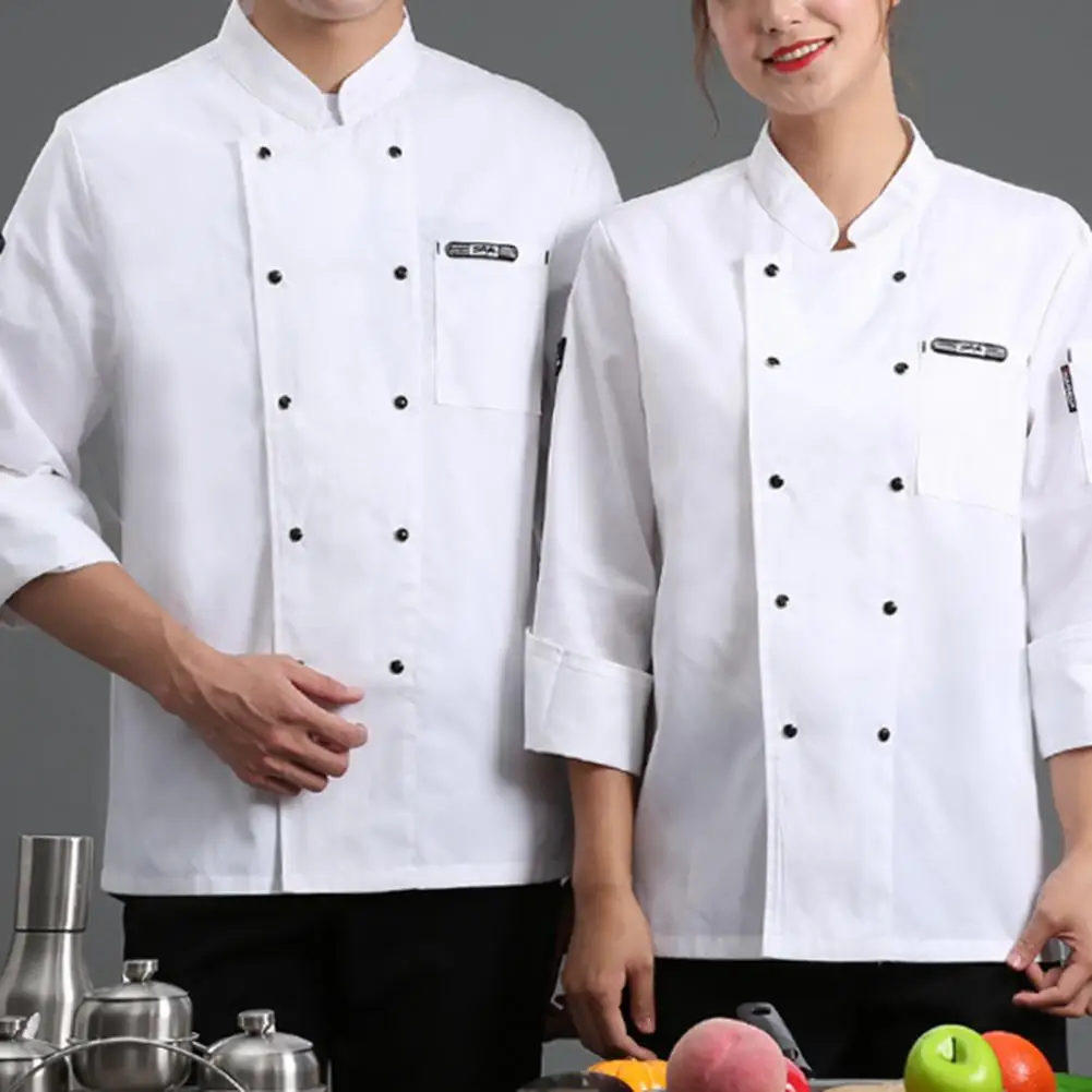 Unisex koksshirt kokskleding chef-kok top effen kleur zak lange mouw lichtgewicht double-breasted catering knoppen koksshirt