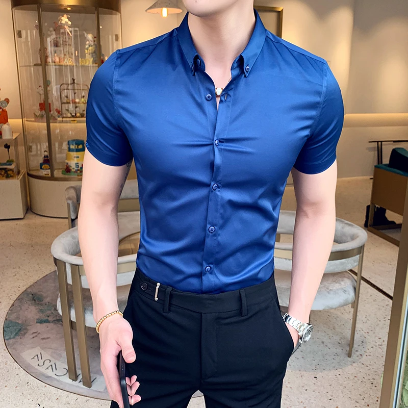 Neckline Embroidery Shirts Men Summer Short Sleeve Slim Fit Casual Shirt Men Solid Color Business Party Dress Shirt Streetwear