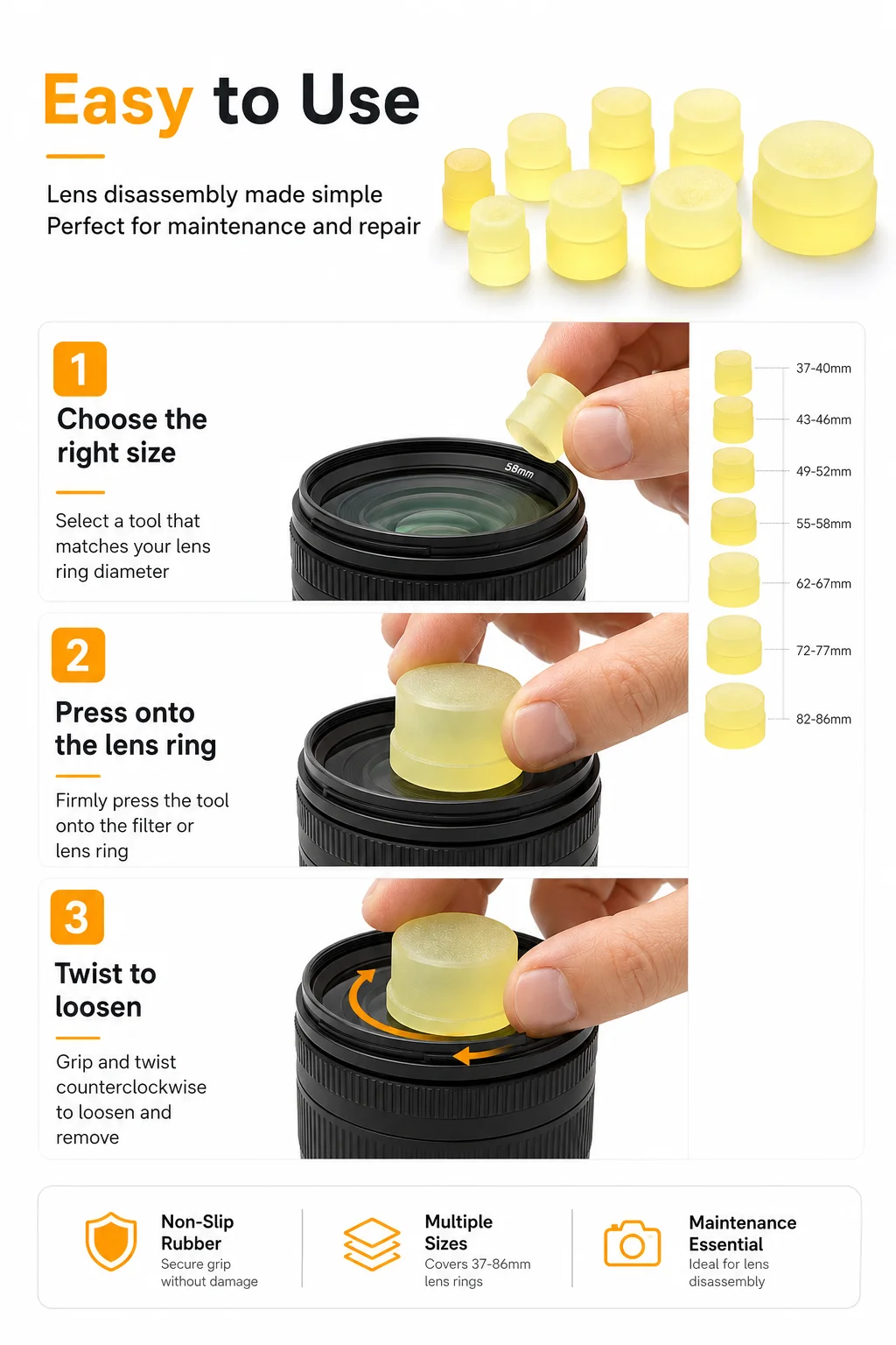 Non-Slip Rubber Lens Filter Removal Opener Set 7PCS Multi Size 37-86mm Professional Camera Lens Maintenance Repair Tools