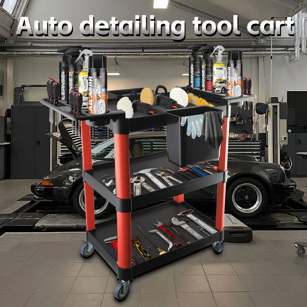 3-Tier Rolling Utility Cart, Automotive Service Tool Storage Trolley with Cup Holders & Detachable Bin, Mobile Workshop Organizer Cart for Garage, Auto Repair, Salon
