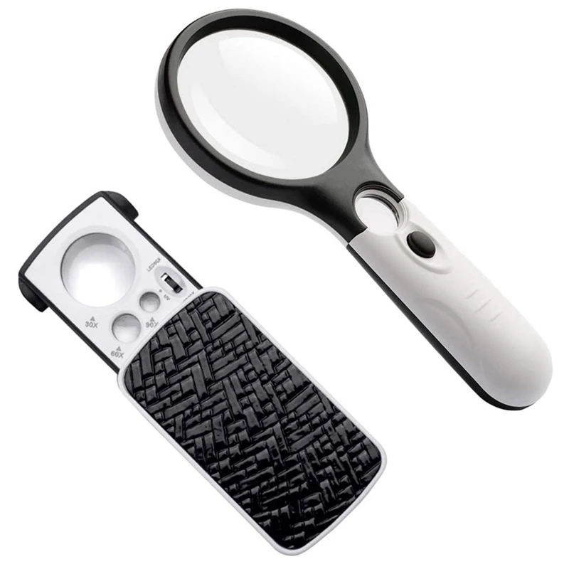 2 Pcs LED Light Appreciation Reading Magnifying Glass High Power Handheld Magnifying Glass 75Mm Mirror Magnifying Glass