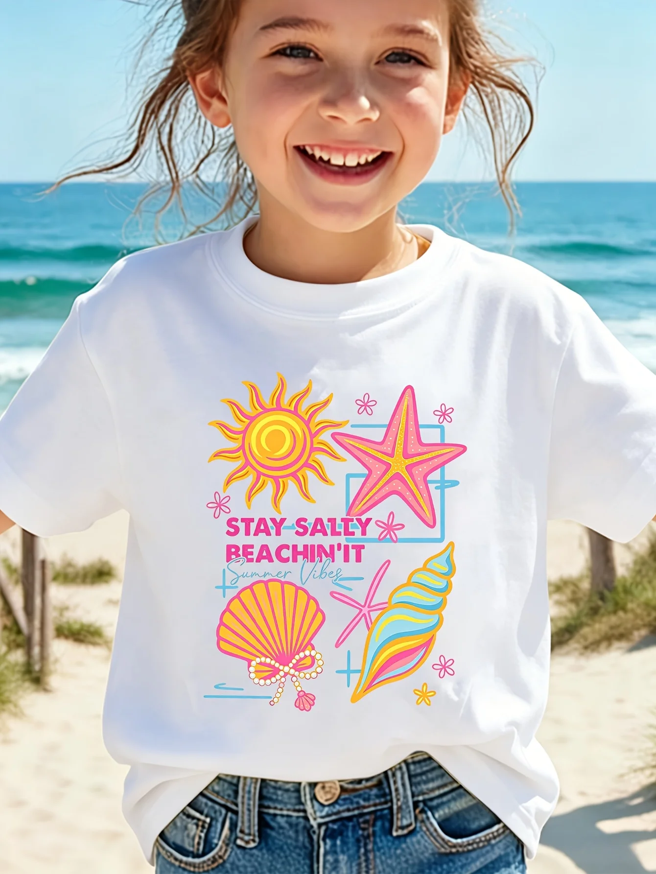 Kids Stay Salty Beach Vibes Sun Starfish Graphic Tee Boys Girls Family Matching Short Sleeve Summer Holiday Casual Daily T Shirt