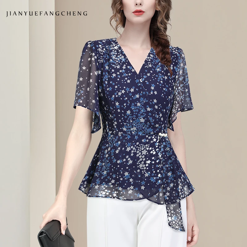 

Women' Short Sleeve V-Neck Chiffon Blouse Summer Tops Full-body Stars Printed Lightweight Blue Casual Shirts
