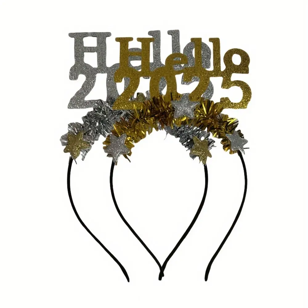 Hello 2025 Happy New Year Headband Sequin Star Christmas Headpiece Crown Photographic Headwear Glitter Hair Hoop