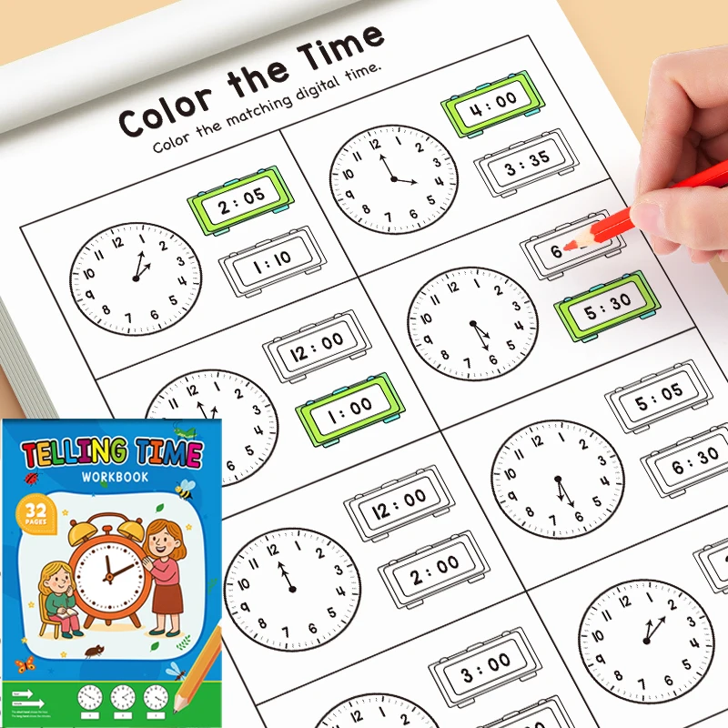 Libro de trabajo infantil para aprender Cómo contar el tiempo, adecuado para actividades de jardín de infantes de estilo familiar, incluye ejercicios de lectura y matemáticas, perfecto para enseñanza en el aula y suministros de regreso a la escuela, tarjetas de práctica de tiempo/materiales de educación temprana adecuados para niños y niñas
