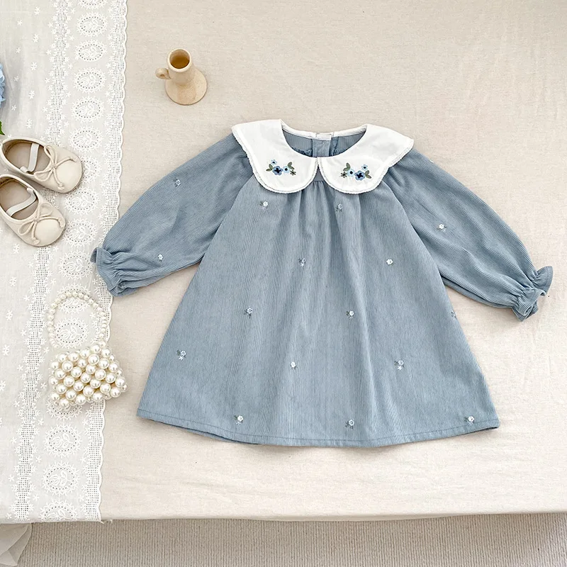 Girls Dresses Cotton Long Sleeve Baby Princess Dress Floral Embroidery Collar Toddler Fall Spring Romper 0-8 Years Korean Style