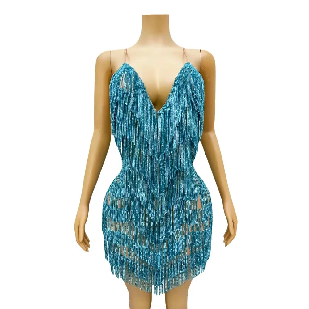 

Summer Suspender Deep V Fringed Multi-color Evening Dress Bar Nightclub Dancing Stage Performance Live Talent Robes Bal De Promo