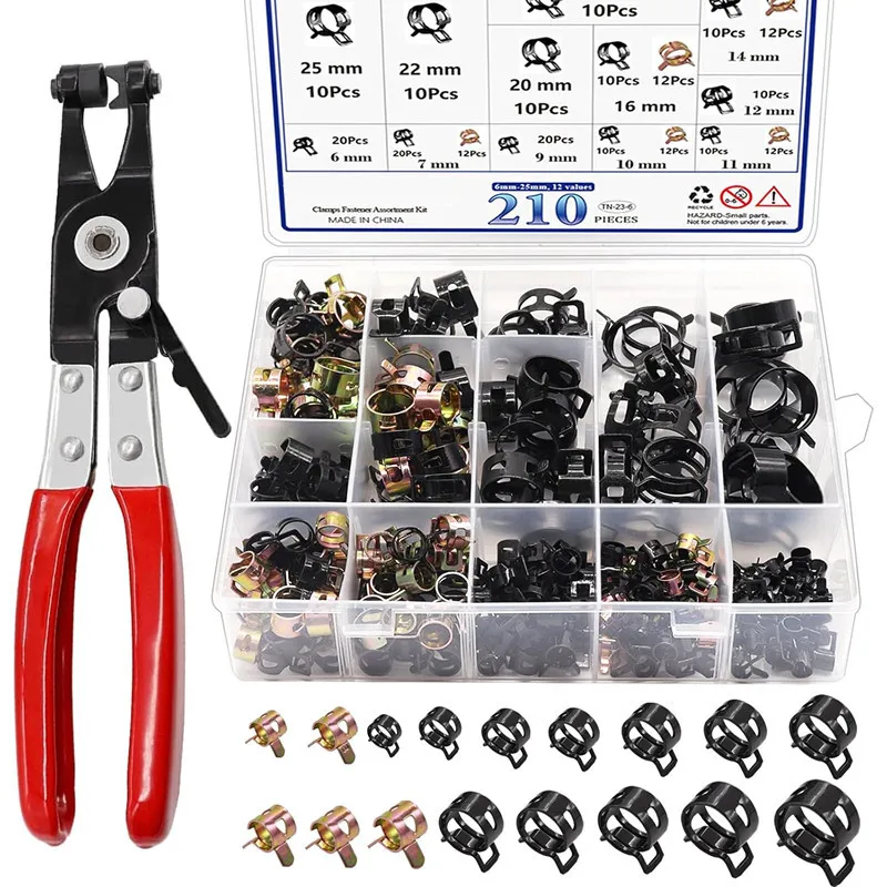 80/132/210Pcs Black Dacromet Japanese Style Hose Clamps, Spring Band Pipe Clips Assortment Box