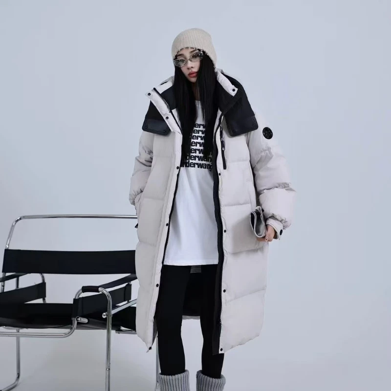 Winter New Down Jacket Female Knee-length Thickened White Duck Down Hooded Puffer Jacket Fashion Loose Warm Stand Collar Coat