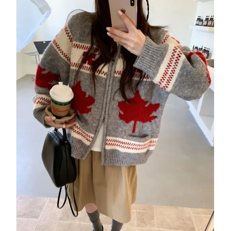 

Женский трикотаж Jaet с двойной молнией, свободный тяжелый топ с воротником Fair Isle, корейский шикарный осенне-зимний новый ретро