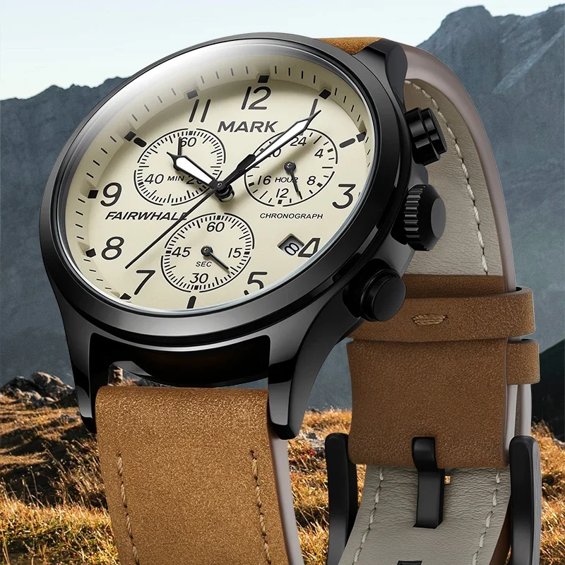 Mark Fairwhale Fashion Men's Quartz Wristwatch Leather Luminous Strap Multifunctional Chronograph watches for man reloj Hombre