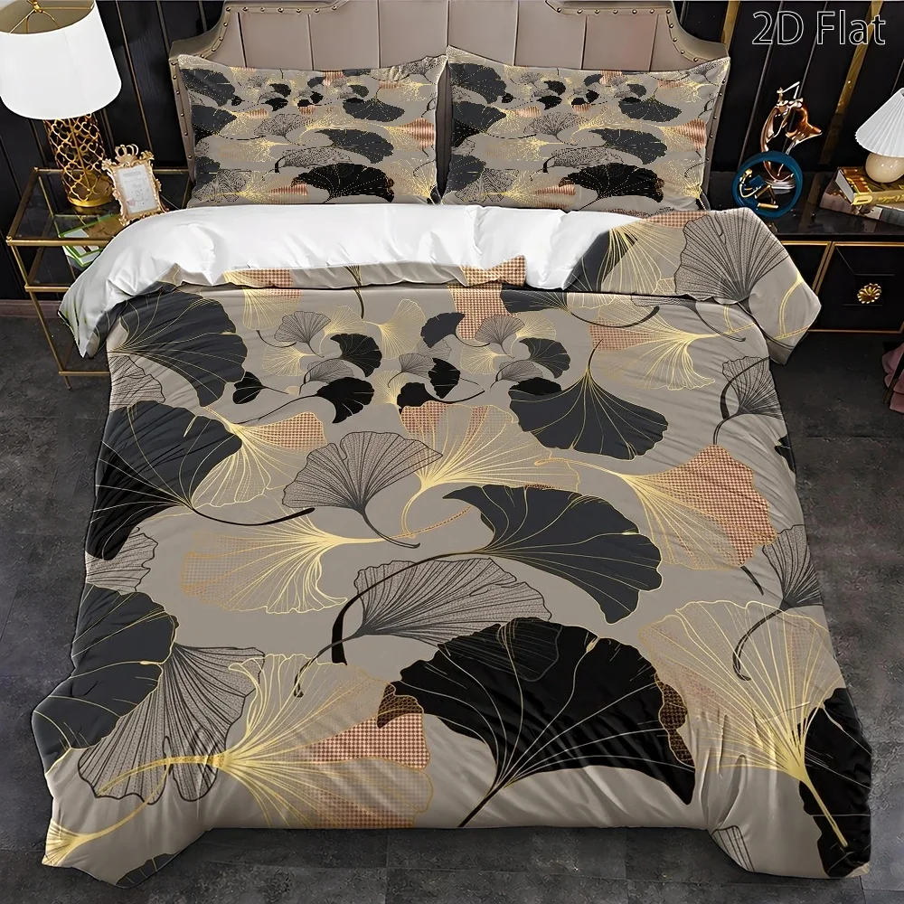3Pc Ginkgo Leaf Art Print Duvet Cover Set, Three-Piece Bedding Set (1 Duvet Cover + 2 Pillowcases), Suitable for All Seasons, Machine Washable, Invisible Zipper Design, Large Double Bed Cover Set, Suitable for Home, Dormitory, Master Bedroom, Guest Room, Light Luxury Style Ins Plant Pattern Bedding, Best-Selling Comfortable and Skin-Friendly Bedding Set, Retro High-End Bedding Three-Piece Set, Multi-Scenario Applicable Bedding Set