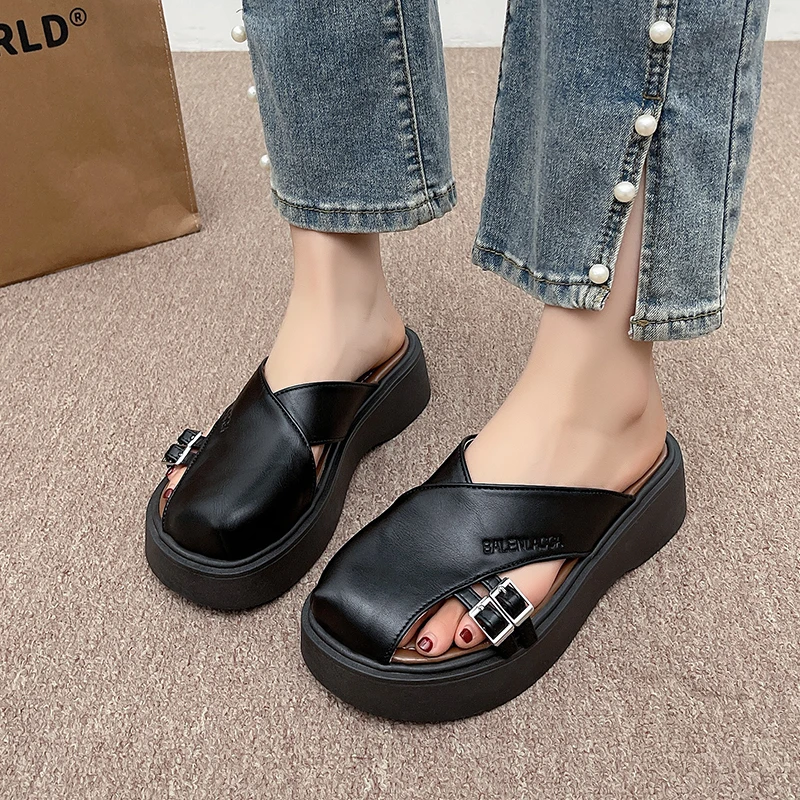 Platform Wedge-shaped Women's Slippers Summer New Half-cover Toe Flat Sandals Fashionable Women's Shoes 2025 Designer Trends
