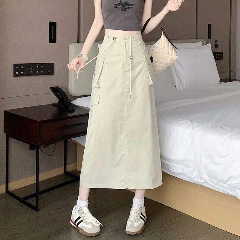 

American Vintage Cargo Skirts Women Solid Color Pocket High Waist Drawstring Casual Long Skirts Summer Fashion Ladies Clothing