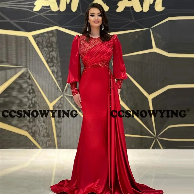 

Burgundy Satin Beaded Long Sleeve Evening Dress Mermaid Islamic Prom Formal Party Gown Women Arabic Dubai Robe De Soiree